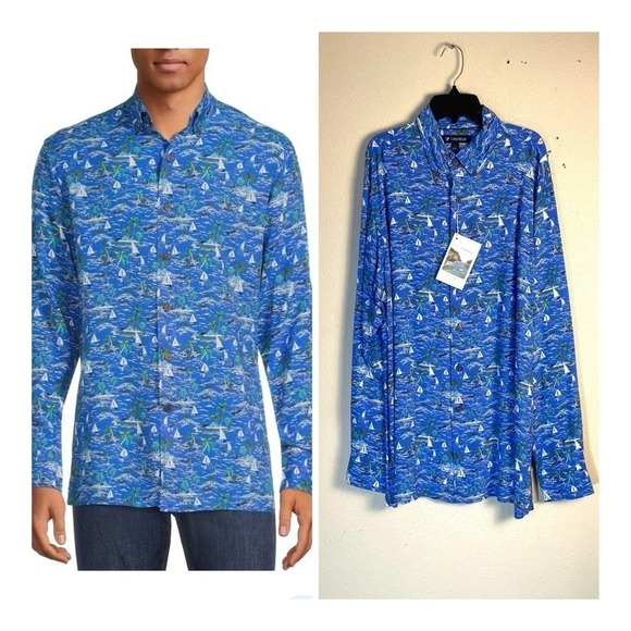 Cremieux Size L Blue Label St. Barts Collection Tropical Island Print Shirt NEW